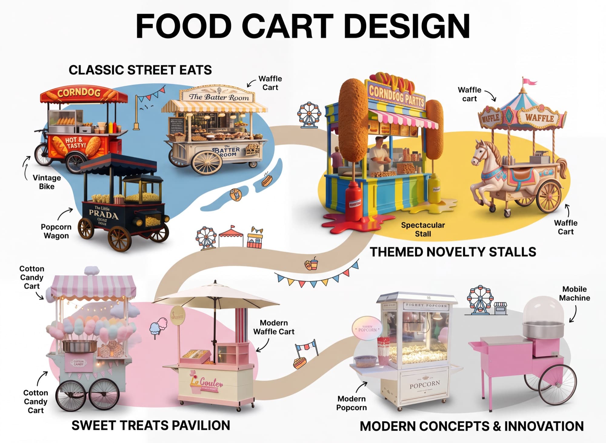 Food cart design catalogue: classic street eats, themed novelty stalls and sweet treats