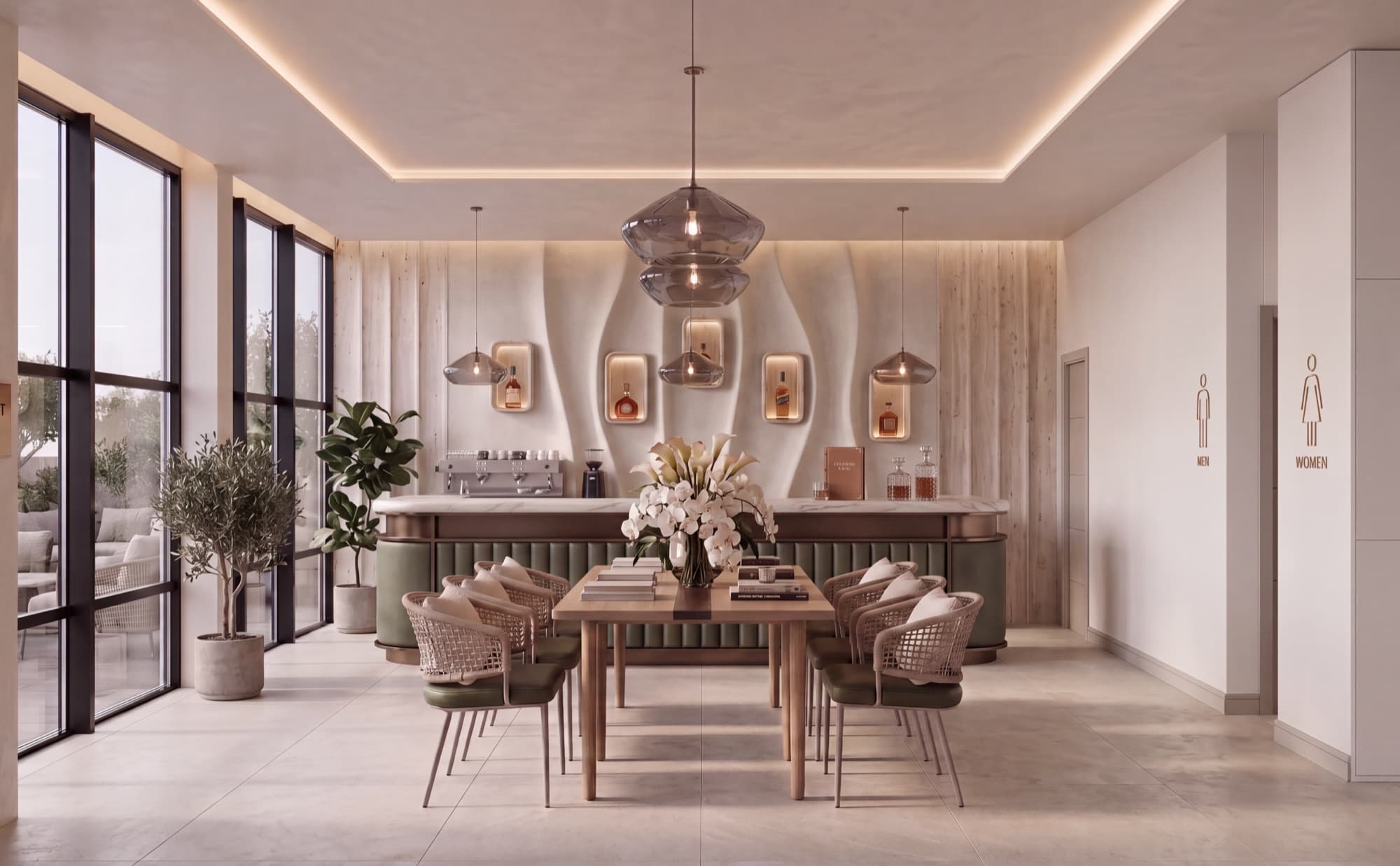 Bar lounge with sculpted plaster wall and backlit spirit niches