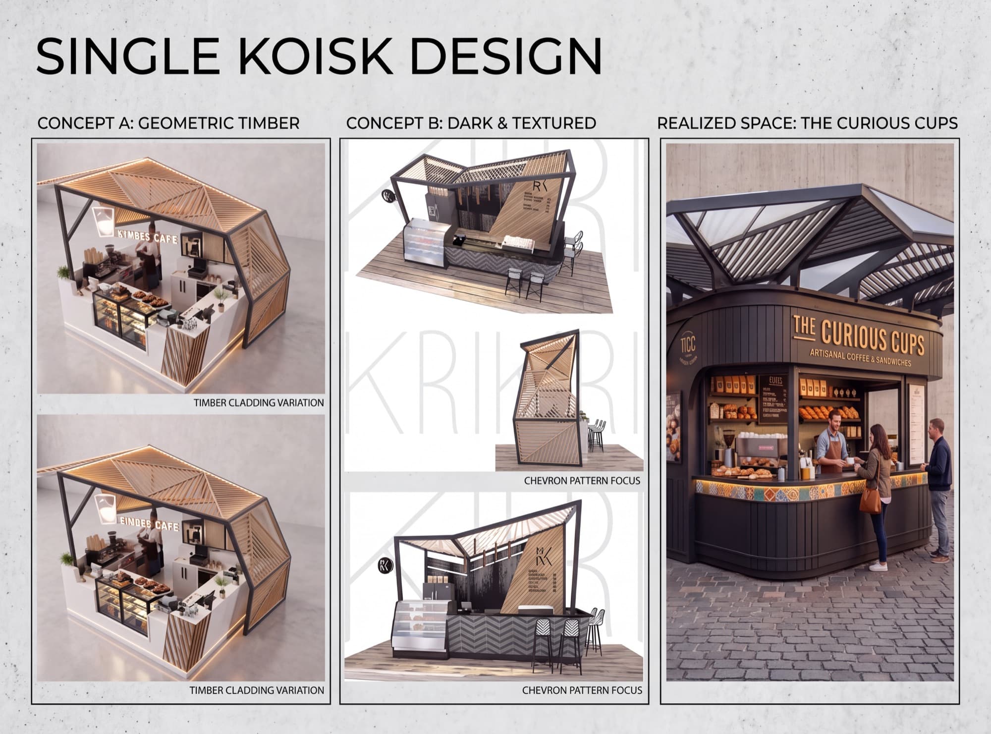 Single kiosk design concepts: geometric timber and dark textured variants