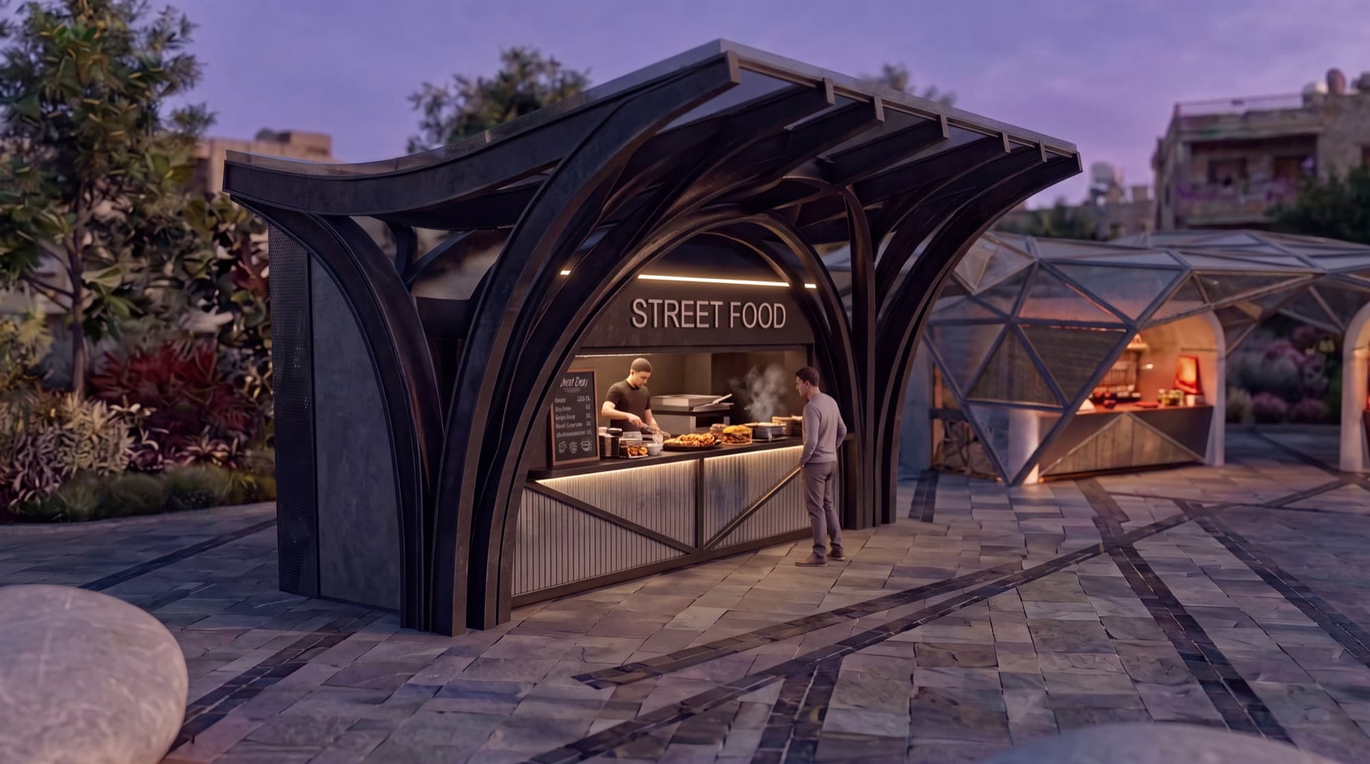 Street food kiosk glowing at night under an arched canopy