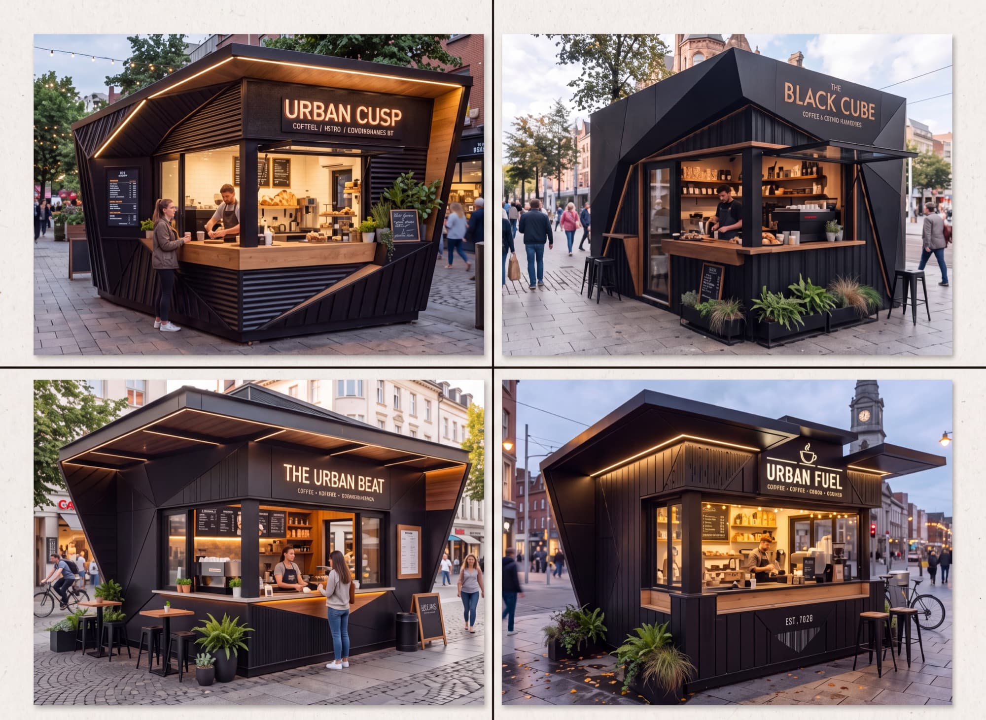 Four realized kiosk variations on city squares