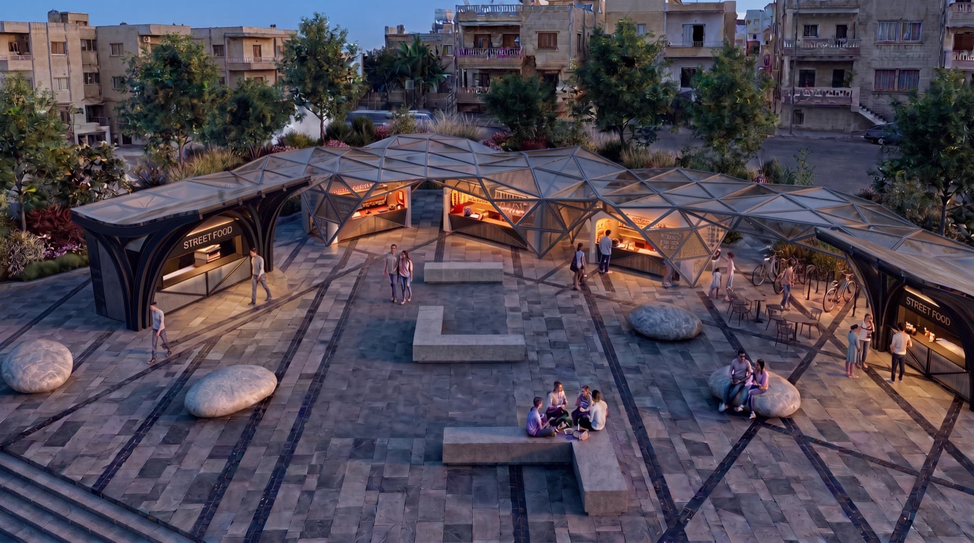 Aerial view of the food court plaza at dusk
