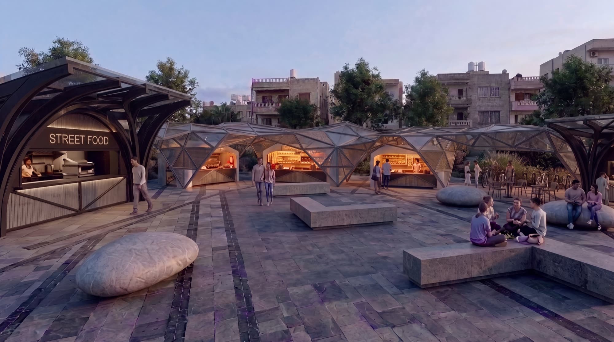 SanBay food court plaza at dusk, parametric canopies glowing over the square
