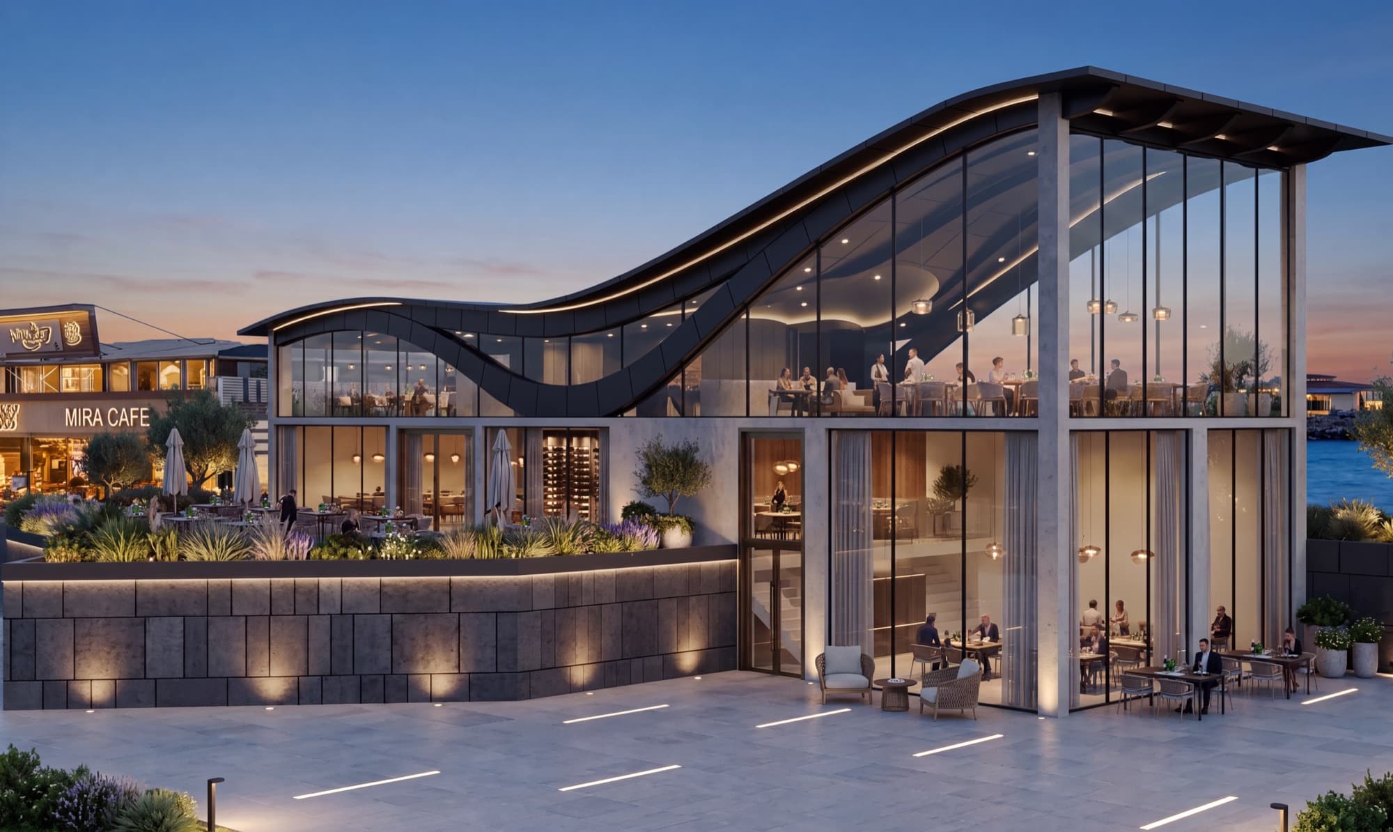 Glass facade of the restaurant at dusk
